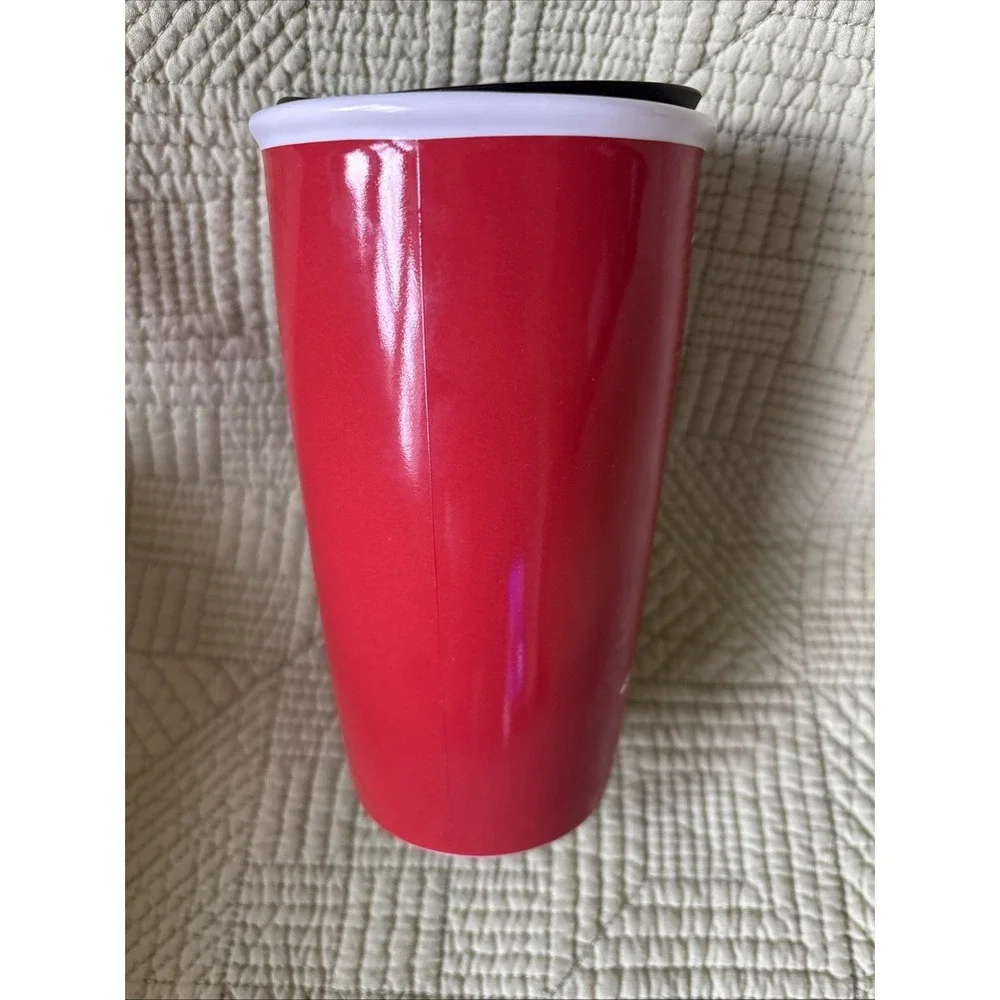 Starbucks Travel Ceramic Tumbler W/lid Red Reusable 2016 Christmas Snowy Trees